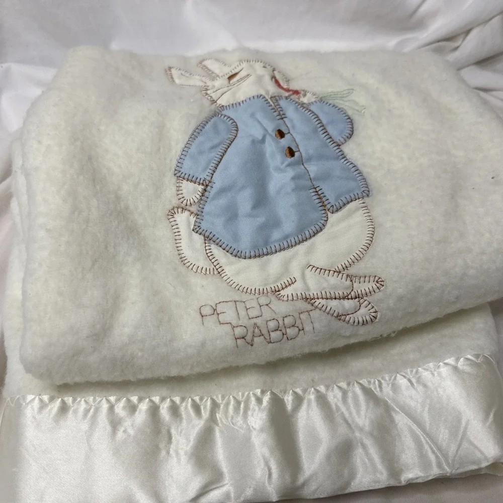 Vintage Quiltex Beatrix Potter Peter Rabbit Embroidered Satin Edge Baby Blanket